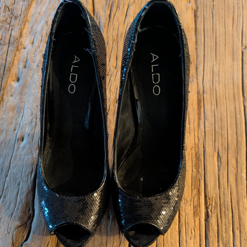 ALDO Black Sequined Peep Toe Heels- Size 39/8.5